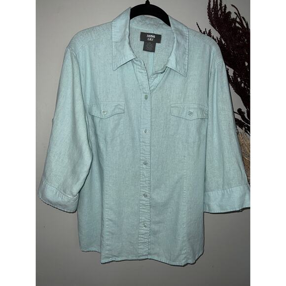 Miss Lili size 2X linen blend blue beachy roll tab half sleeve blouse button up - Picture 1 of 8